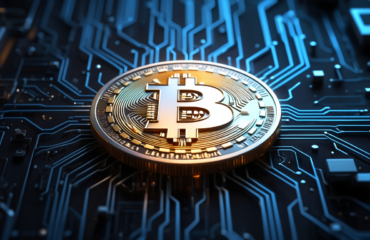 Représentation réaliste d’une pièce de Bitcoin dorée posée sur un circuit électronique bleu, symbolisant la technologie de la blockchain et les cryptomonnaies.