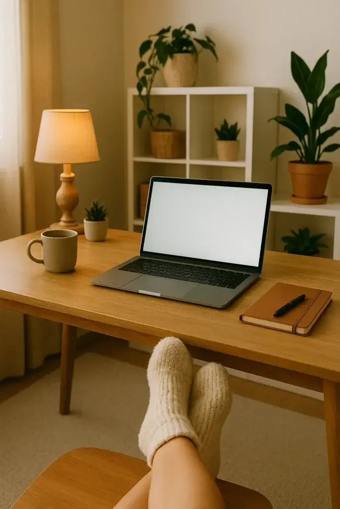 Poste de travail cosy à la maison en télétravail, avec un ordinateur portable posé sur un bureau en bois, une tasse de café et une personne portant des chaussettes pilou, installée confortablement dans un espace chaleureux et lumineux.