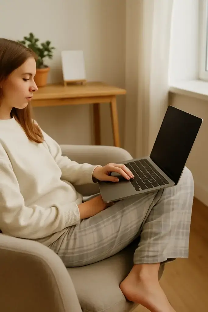 Femme en pyjama assise sur un fauteuil, jambes croisées, travaillant en télétravail sur un ordinateur portable.