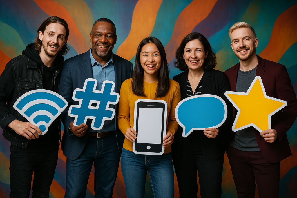 Mot-dièse (#) et icônes du web (WiFi, mobile, laptop) tenus par un groupe diversifié, illustrant l'importance du **hashtag** dans la communication digitale.